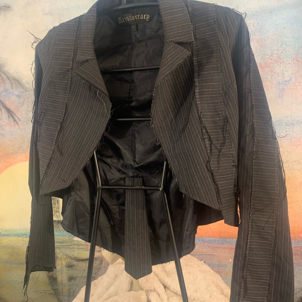 “Aristocracy" pinstripe blazer w/ gold cross design on back ,1 button closure - Picture 2 of 15